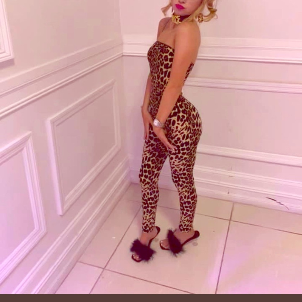 Velour Leopard strapless jumpsuit Xs